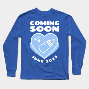 Coming soon. June 2023 birthday. Illustration with blue heart Long Sleeve T-Shirt